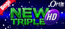 ¡Triplique sus ganancias con New Triple HD! <br/>
<br/>
Experimente el nuevo concepto de Video Bingo y aventúrese con los simpáticos Big Eye y el Sombrero de la suerte.  <br/>
<br/>
Este juego comienza con el sorteo inicial de 30 bolas, la posibilidad de 10 bolas extras y además ¡bolas extras gratis! <br/>
<br/>
Trece premios y un acumulado esperan por usted en esta fantástica aventura.  <br/>
<br/>
Cuando el Joker aparece, te invita a escoger el siguiente número a ser sorteado en la ronda de Bolas Extras.<br/>
<br/>
 ¡Ven y diviértete con New Triple!